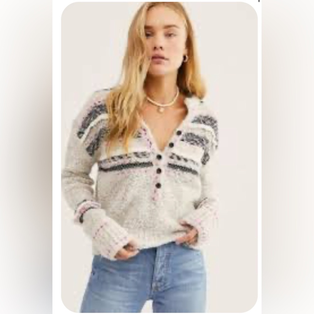 Free People Color Pop Henley Knit V-Neck Sweater - Cream and Black. Size S